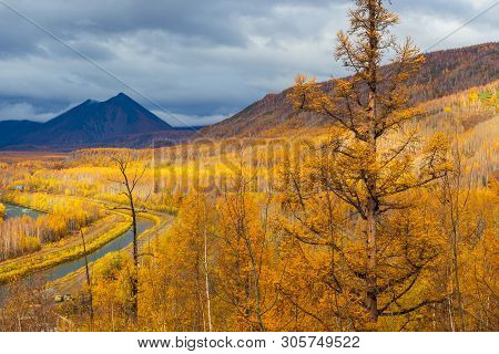 Small River And Canal, Forest In Autumn Colors And Mountains In The Background. Bystrinsky District,