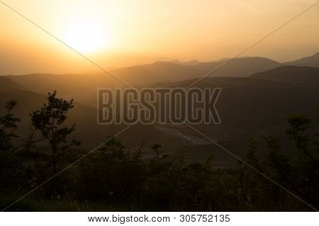 Beautiful Landscape In The Mountains With The Sun At Dawn. Mountains At The Sunset Time. Azerbaijan 