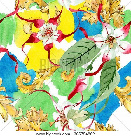 Red White Strophantus Floral Flowers. Watercolor Background Illustration Set. Seamless Background Pa