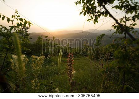 Beautiful Landscape In The Mountains With The Sun At Dawn. Mountains At The Sunset Time. Azerbaijan 