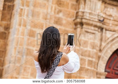 Beautiful Woman Taking Pictures Of The San Pedro Claver Church Located In The Walled City Of Cartage