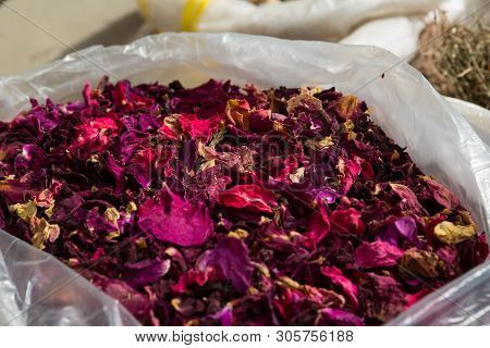 Different Herbs In Bags On A Street Market In Lagich, Azerbaijan.