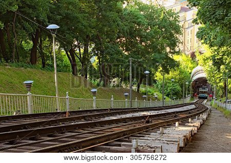 Close Up View Of Rails Path Funicular, Vertical Path, Sleepers, Cable For The Funicular. The Lower S