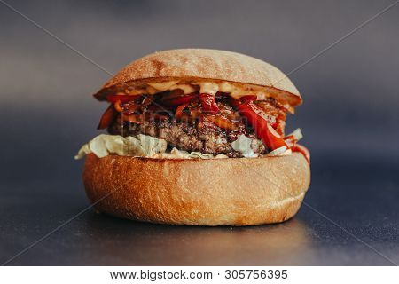 Burger Flyer. Cheese Burger With Grilled Meat, Cheese, Salad And Onion Rings. Close-up Of Delicious 