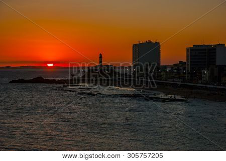 Salvador, Brazil: Portrait Of The Farol Da Barra Salvador Brazil Lighthouse. Beautiful Landscape Wit