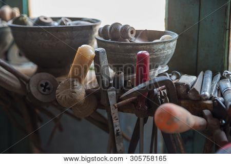 Coppersmith Workshop And Hand Made Copper Things, Lahich, Azerbaijan. Interior Of Coppersmith Worksh
