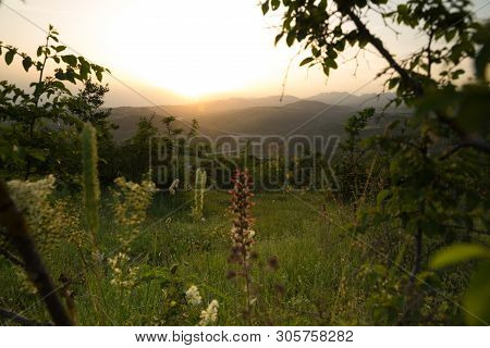 Beautiful Landscape In The Mountains With The Sun At Dawn. Mountains At The Sunset Time. Azerbaijan 