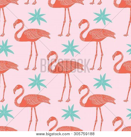 Vector Tropical Flamingos And Flowers Seamless Pattern On Pink Background