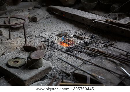 Coppersmith Workshop And Hand Made Copper Things, Lahich, Azerbaijan. Interior Of Coppersmith Worksh