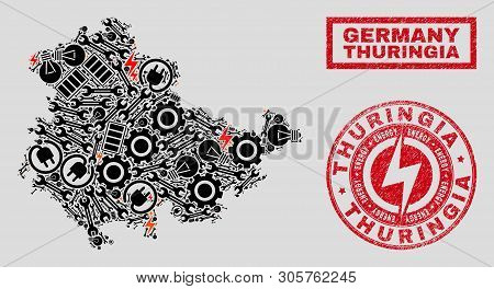Composition Of Mosaic Electric Thuringia Land Map And Grunge Seals. Mosaic Vector Thuringia Land Map
