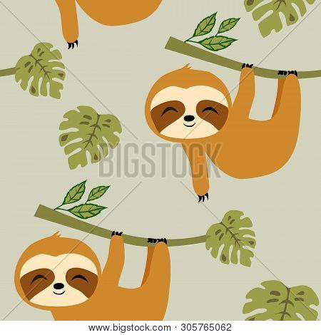 Sloths In Tropical Jungle Seamless Pattern, Cute Baby Sloths Repeat Pattern For Textile Design, Fabr