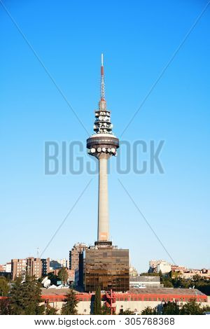 MADRID, SPAIN â MAY 13, 2018: Torrespana or Spain Tower is a television tower for National terrestrial television channels RTVE, Telecinco, Antena 3 and Telemadrid.