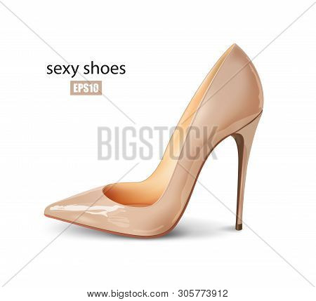 Beautiful Female Nude Pump On A White Background, Sexy Shoes, Classic. High-heeled Shoes, Patent Lea