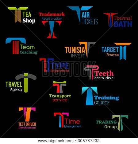 Corporate Identity T Letter Icons Of Business Company And Service. Vector T Symbols Of Trademark Reg
