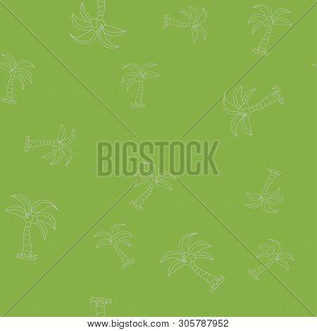 Seamless Pattern Of Contour Of Palm Tree With Coconut. Isolated On Green Background. Vector Illustra