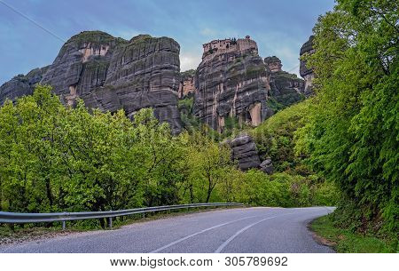 Twisting And Turning Uphill Mountain Road Leading To The Stunningly Located Meteora Monasteries, Met