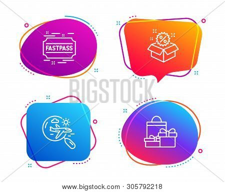 Search Flight, Fastpass And Sale Icons Simple Set. Shopping Sign. Airplane Trip, Entrance Ticket, Di