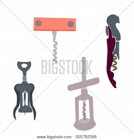 Hand Drawn  Set Of Corkscrew. Illustration On White Background. Wine Cork Screw, Bottle Opener Equip