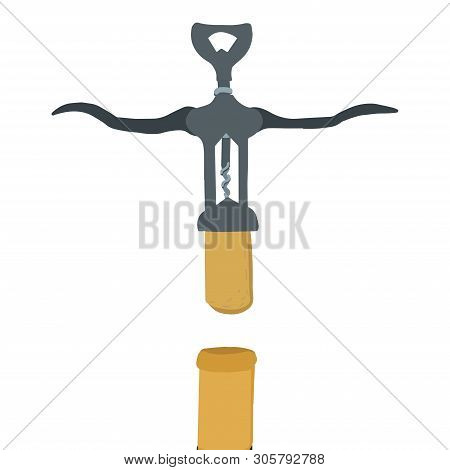 Hand Drawn Corkscrew Illustration On White Background. Wine Cork Screw, Bottle Opener Equipment. Des