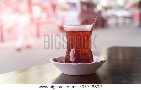 Traditional Drink In The Morning Tea In A Glass Cup On A Table In A Restaurant In Istanbul Turkey Wi