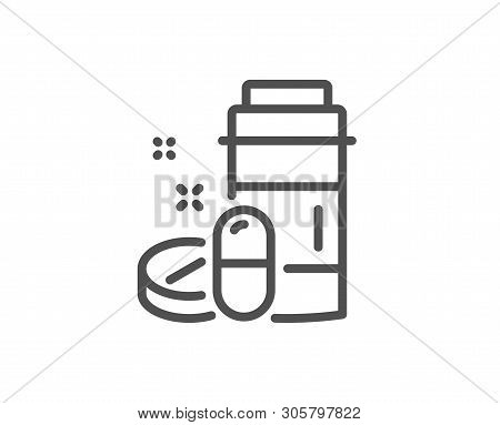 Medical Drugs Bottle Line Icon. Medicine Pills Sign. Pharmacy Medication Symbol. Quality Design Elem