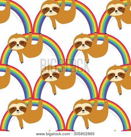 Sloths On Rainbow Seamless Pattern, Rainbow Sloth Repeat Pattern For Textile Design, Fabric Print, F