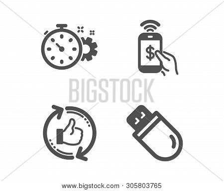 Set Of Phone Payment, Cogwheel Timer And Refresh Like Icons. Usb Stick Sign. Mobile Pay, Engineering