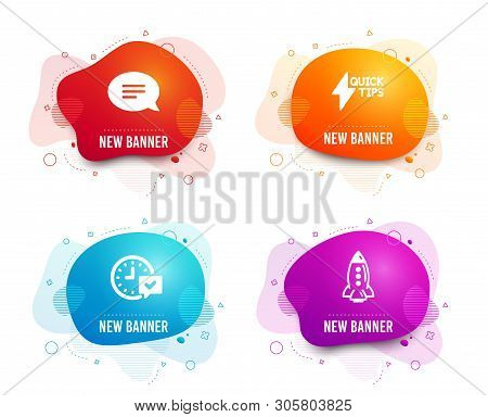 Liquid Badges. Set Of Quickstart Guide, Select Alarm And Chat Icons. Rocket Sign. Lightning Symbol, 