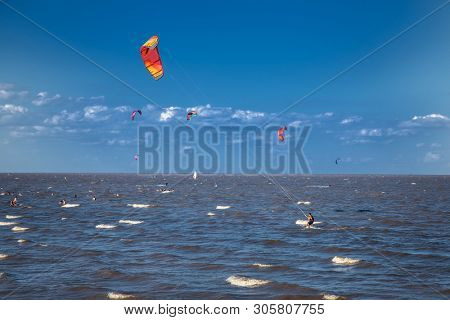 Bueno Aires, Argentina-Dec 26, 2018: People practicing kiteboarding or 