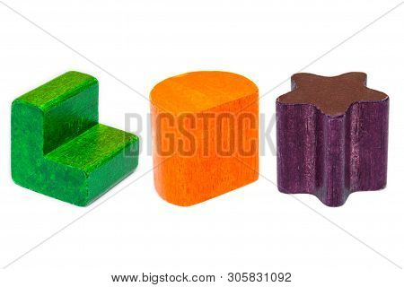Wooden Building Blocks Isolated On White Background, Geometric Toy