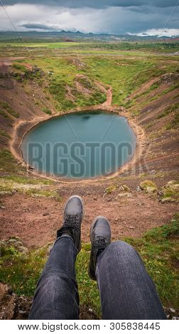 Woman Show The Blue Lake Near Mountains. Icland