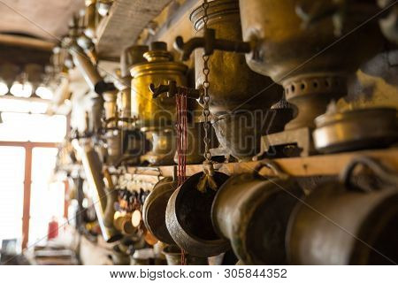 Coppersmith Workshop And Hand Made Copper Things, Lahich, Azerbaijan. Interior Of Coppersmith Worksh