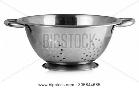 Old Metal Colander Sieve Isolated On White Background.