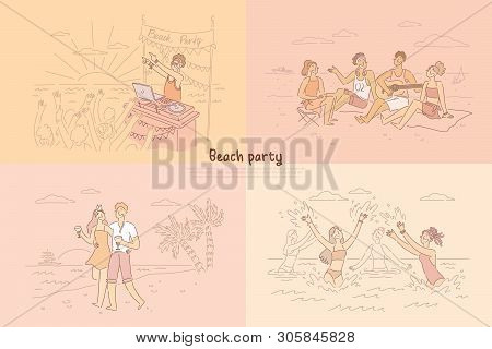 Dj Playing Live Music For People, Group Of Friends Sitting On Shore Playing Guitar And Talking, Coup