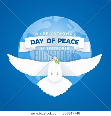 International Day Of Peace Banner With White Dove With Leaf Are Flying On Blue Circle Wolrd Backgrou