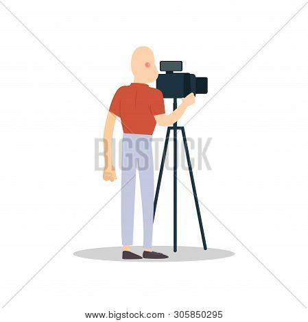 Back View Of Cameraman With Modern Video Camera On Tripod