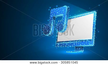Computer With Music Note On White Monitor Screen. Polygonal Sound Projection, Computer Melody Concep