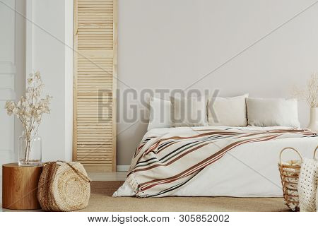Natural Bedroom Deign, Copy Space On Empty Wall