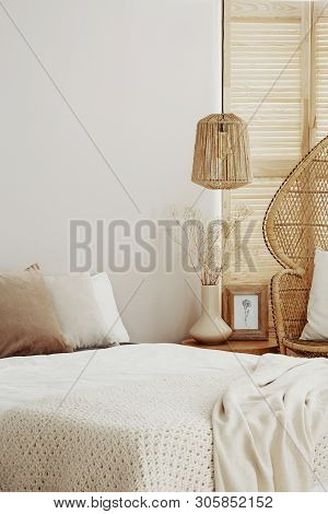 Natural Bedroom Deign, Copy Space On Empty Wall