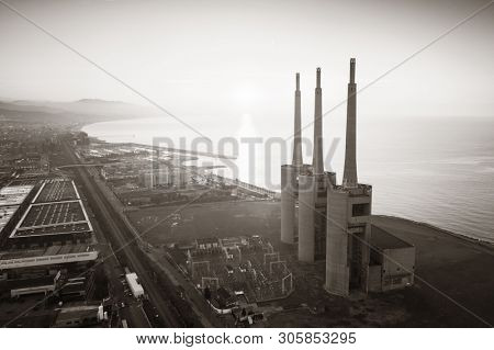 Besos thermic power plant aerial view in Barcelona coast Spain.