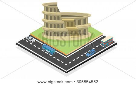 Illustration Isometric Colosseum In Rome, Italy. Ancient Roman Colosseum Is One Of The Main Tourist 