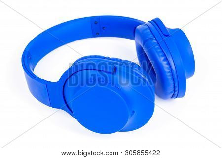 Headphones Isolated On A White Background, Blue Headphones.