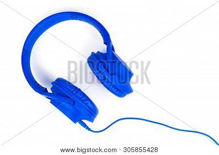 Headphones Isolated On A White Background, Blue Headphones.