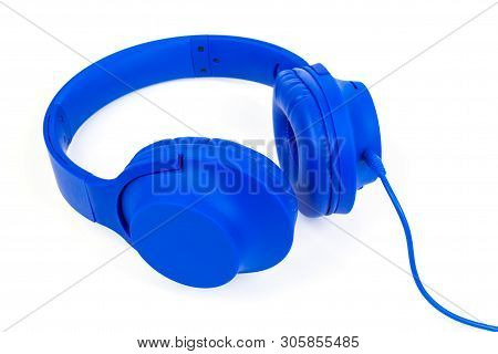 Headphones Isolated On A White Background, Blue Headphones.