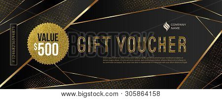 Gift Voucher Template With Glitter Gold Elements. Vector Illustration. Design For Invitation, Certif