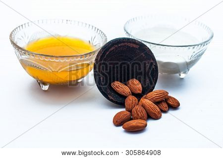 Milk Face Pack For Natural Instant Glow Isolated On White I.e. Raw Milk Well Mixed With Powdered Alm
