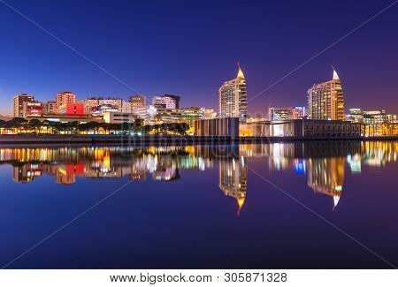 Lisbon - February 2019, Portugal: View Of The Nations Park (parque Das Nações) In Lisbon. Modern Cit