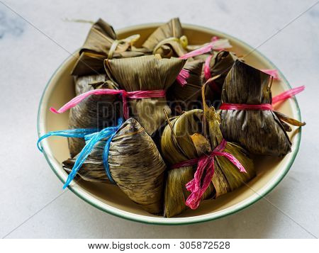 Top View Of Steamed Asian Rice Dumplings (zongzi), A Traditional Food Eaten During Dragon Boat Festi
