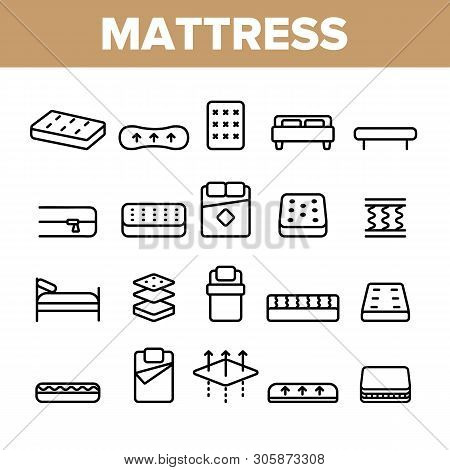 Mattress Types And Material Vector Linear Icons Set. Orthopedic And Antiallergic Comfortable Mattres