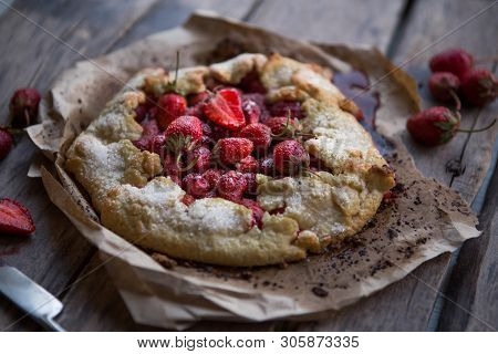 Summer Strawberry Gallete With Mix Of Berries. Rustic Style. Strawberry Pie Bakery